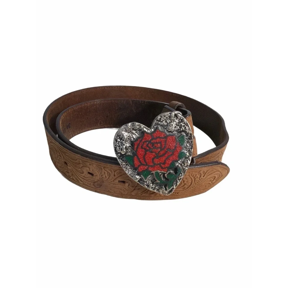 VTG Tony Lama Silver Heart Red Rose Buckle Leather Embossed Western Belt C50739